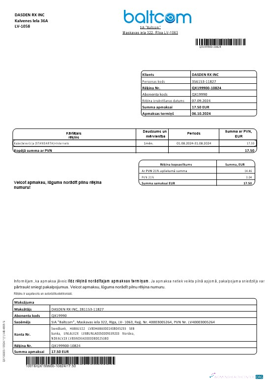 Latvia Baltcom telecommunications business utility bill template in Word and PDF formats (Latvian version)